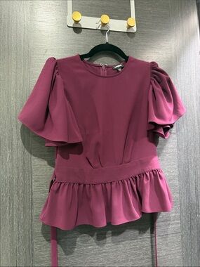 Express Plum Peplum Blouse with Flutter Sleeves